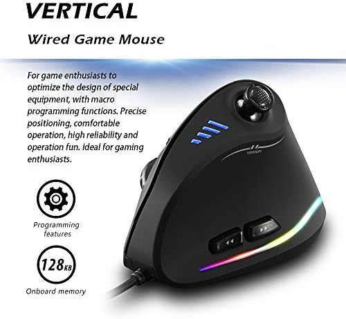 Vertical Mouse, Ergonomic USB Wired Vertical Mouse with [5 D Rocker] [10000 DPI] [11 Programmable Buttons], RGB Gaming Mouse for Gamer/PC/Laptop/Computer