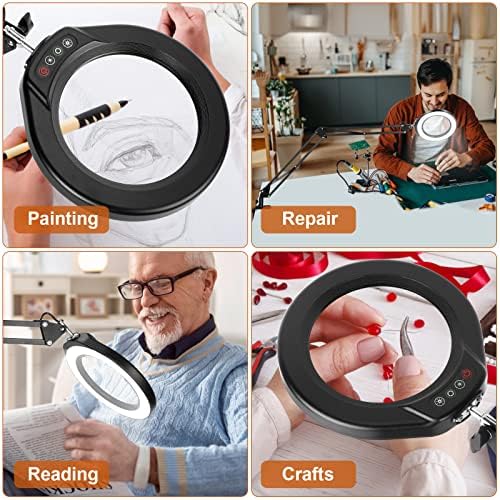 VEEMAGNI 5 Inch Large Real Glass Magnifying Glass with Light and Stand, 5 Color Modes Stepless Dimmable, 2*16 Inch Swivel Arm LED Clamp Desk Lamp, Hands Free 12X Lighted Magnifier for Close Work Craft
