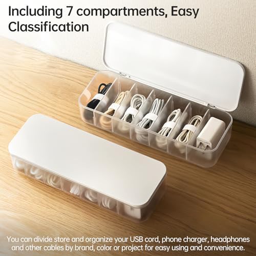 PAVSTINE Cable Organizer Storage Box with Lid, 7 Wire Ties, White