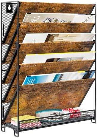 PAG-Mass Wall File Organizer for Office, 6-Tier Rustic Hanging File Holder Wall Storage Rack for Documents/Magazine/Literature/File Folders/Mails/Envelopes, Brown