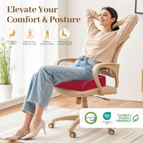 TranquilRelax 2XL Memory Foam Seat Cushion for Office Chair, 3.7-Inch, Red