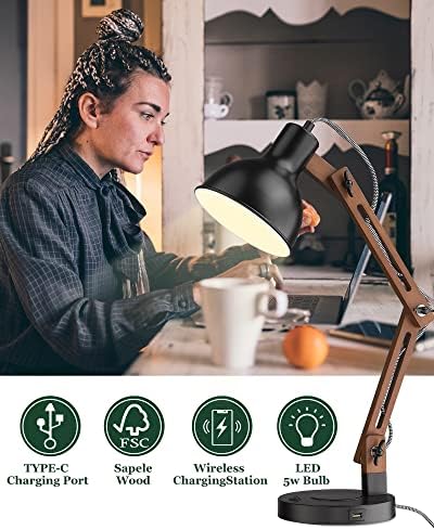 ELYONA Modern Sapele Wood Desk Lamp with Upgraded Wireless Charger & USB C Charging Port Swing Arm Table Lamp Bedside Reading Task Light for Dorm Office Bedroom Living Room LED Bulb Included Black