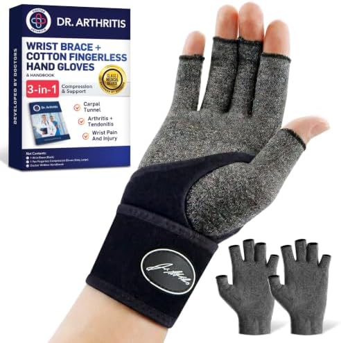 Dr. Arthritis Compression Arthritis Glove Set of 3 with Wrist Brace, Comfortable Fingerless Carpal Tunnel Hand Gloves for Women Night Support, Pain Relief for Rheumatoid Arthritis, Work, Typing - Medium
