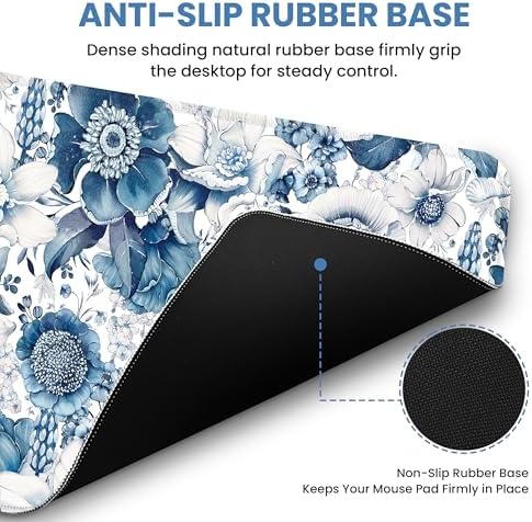 Aesthetic Desk Mat, Cute Blue Floral Desk Pad Protector for Work & Decor, 31.5" x 11.8", Pretty Non-Slip Extended Mouse Pad for Office or Home
