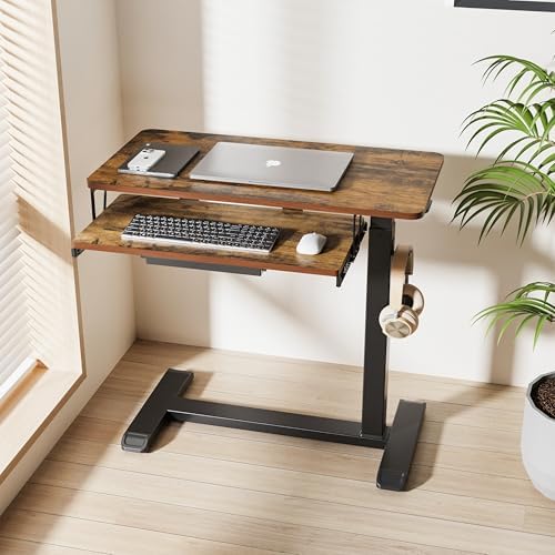 Fydeamer Height Adjustable Mobile Overbed Table with Keyboard Tray, Walnut