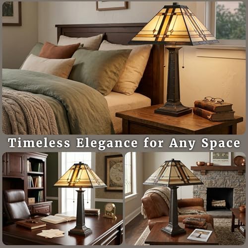 Lavish Home Tiffany Style Table Lamp with Stained Glass Shade, Bronze