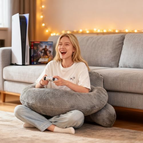 17" Reading Pillow for Bed,U Shaped Arm & Elbow Support,Gray Faux Fur