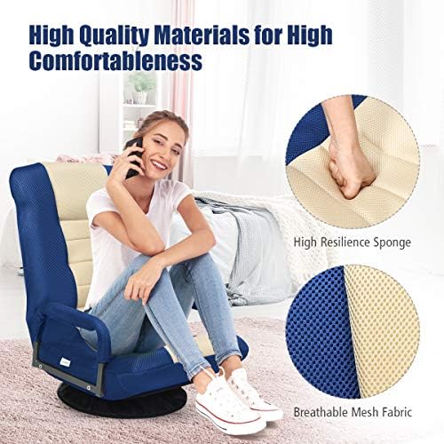 Giantex Floor Chair, 360 Degree Swivel Chair with Adjustable Backrest, Lumbar Support, Armrest, Foldable Lazy Sofa Rocker for TV, Reading, Playing Video Games, Blue/Beige