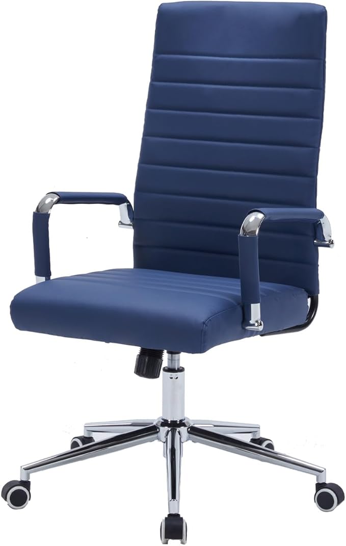 Navy Blue Leather Ribbed Office Desk Chair, Ergonomic High-Back Executive Conference Room Chairs with Wheels, Adjustable Swivel Computer Task Chair with Arms and Thick Padded Seat
