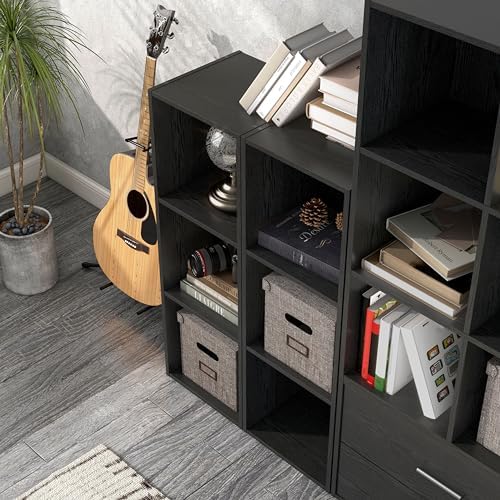 Homes: Inside + Out Apexa 3-Cube Storage Organizer Shelves, Stackable Wood Bookcase Fits Cubby Bins for Organization, Dorm Teen Room Decor & Home Office, Black