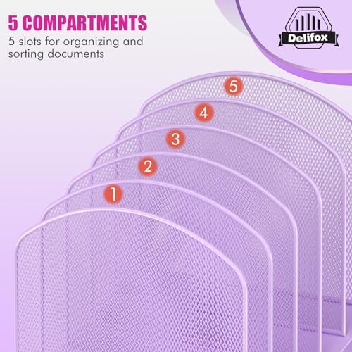Delifox Inclined Desk File Organizer,Vertical File Folder Holder Stand Metal Rack File Sorter for Office Classroom Desktop Organization (2, Purple, 5)
