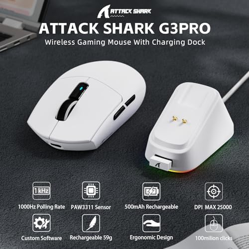 ATTACK SHARK G3 PRO Tri-Mode Wireless Gaming Mouse with RGB Charging Dock