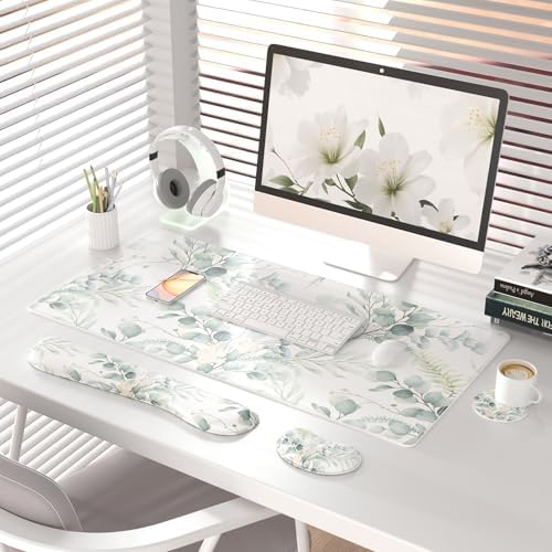 QiyI PU Leather Desk Mat Set, 4-in-1 Ergonomic Wrist Rest, Eucalyptus Leaf