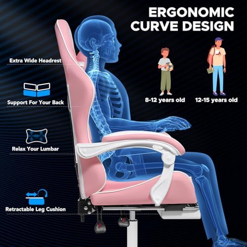 Pink Gaming Chair with Massage Footrest Ergonomic Computer Chair for Girls