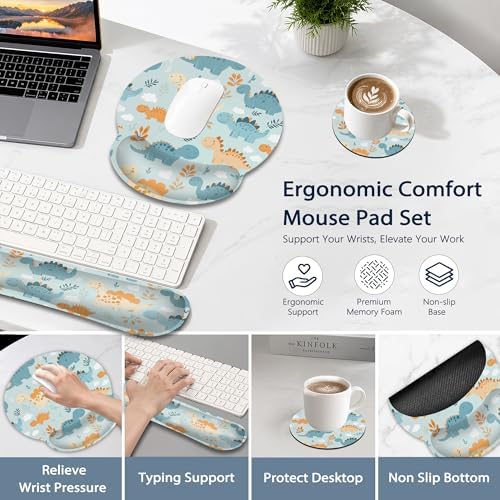Ergonomic Memory Foam Wrist Rest Set for Keyboard and Mouse,Cute Dinosaur Supportive Mouse Pad with Non Slip Base for Office Work and Gaming