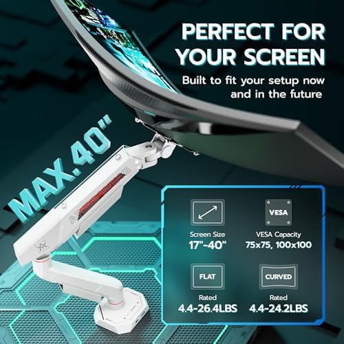 ARES WING 17-40 Inch Heavy Duty Single Monitor Arm with USB, White
