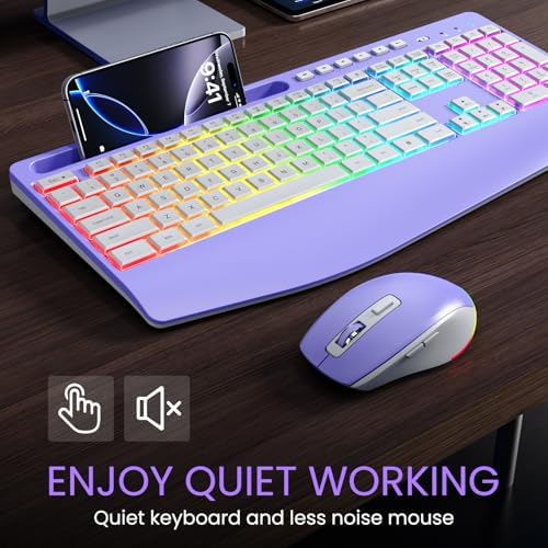 Wireless Keyboard and Mouse Combo- VEILZOR 2.4G Rechargeable Keyboard with Phone Holder, Ergonomic Wrist Rest, 9 RGB Backlit Effects, Silent Keyboard Mouse Set for Windows, Laptop, PC
