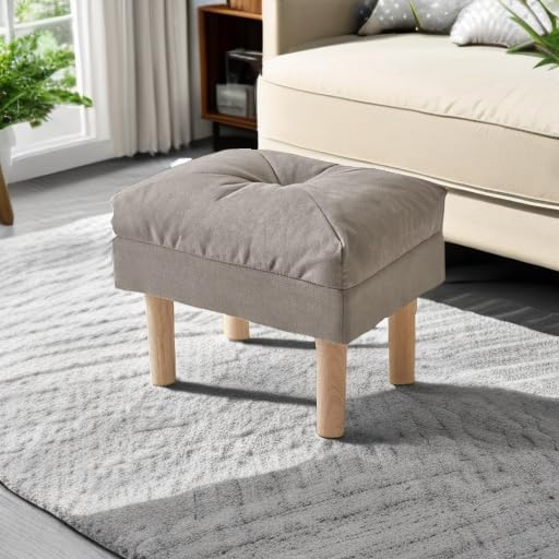 YMYNY 15.75" Small Foot Stool Ottoman, Footrest with Sponge Soft Padded Seat, Cotton-Linen Blend Fabric Footstool for Sofa, Bedroom, Living Room, Entryway, Solid Wood Legs, Gray, UHBD023G