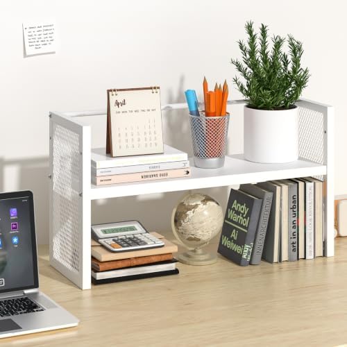 ThreeHio Expandable Desk Shelf Organizer, Desktop Bookshelf Adjustable Height, White Book Shelf for Top of Desk Organizers and Accessories, Metal Countertop Storage Display Rack for Home Office Dorm