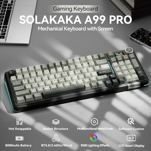 SOLAKAKA A99 Pro Wireless Mechanical Keyboard with LCD Screen & Metal Knob, 2.4GHz/BT5.0/USB-C, RGB Backlit Gaming Keyboard, Hot Swappable, Creamy Keyboard with Gasket Structure, for Win/Mac