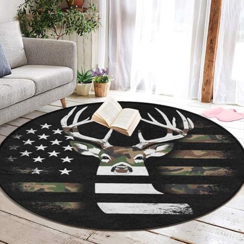 Circular Rugs Large Modern Round Area Rug Fashion Decor Mat for Home Office Camo Deer Hunting Camouflage USA Flag