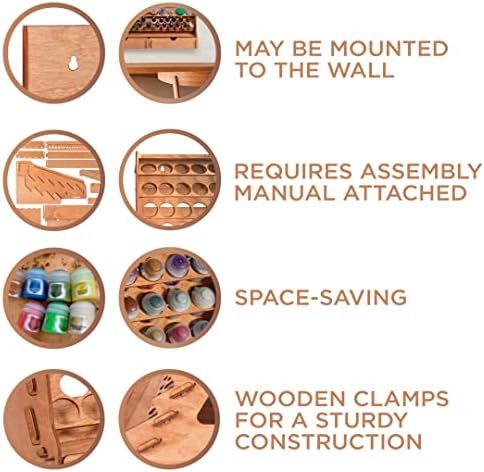 Wall Paint Holder - Works for Warhammer 40K, DnD, Other Figurines - 65 Holes for Vallejo, Citadel, Tamiya, 30 Brush Holes, 2 Drawers, a Shelf, a Brush Tray - Plywood Rack for Wall and Desk