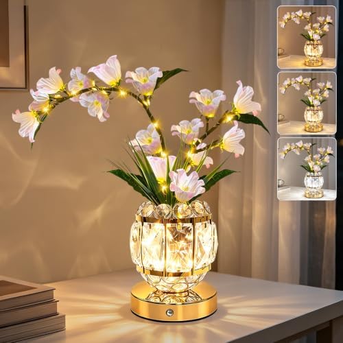 Lily Flower Lamps, Rechargeable Cordless Small Desk Lamp, 3 Colors Dimmable Artificial Flowers Night Light, Fake Bouquet 3 Lilies with Crystal Vase for Home Date Party Decoration (Pink - May Bells)