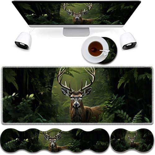 4 in 1 Mouse Pad Combo, Large Gaming Mouse Pad + Keyboard Wrist Support + Mouse Wrist Rest + Coaster, Table Pad 31.5 "x 11.8" with Memory Foam Ergonomic Wrist Pad Set, Camouflage Forest Deer