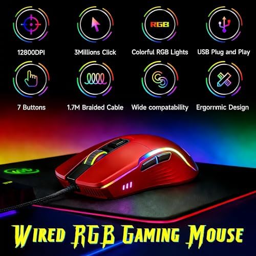 memzuoix Wired Gaming Mouse with RGB - 6 Adjustable DPI up to 12800, 6 Buttons, 12 Lighting Modes, Ergonomic Design with Anti-Slip Rubber Wheel, 5.6ft Braided Cable for PC/Mac/Windows - Red