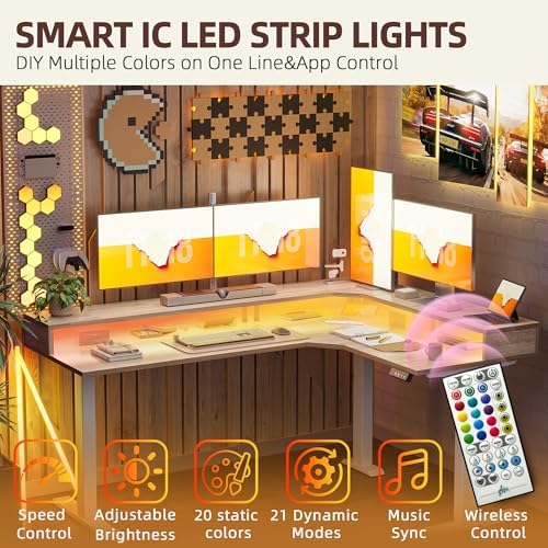 TIQLAB 63'' L-Shaped Standing Desk with LED Light Strip and Power Outlet, Height Adjustable Corner Table with Ergonomic Monitor Stand, Maple
