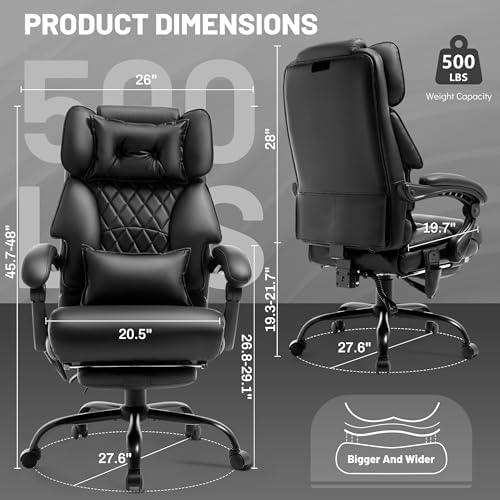 3D Kneading Massage Office Chair with Foot Rest,Executive Office Chairs,Ergonomic Desk Chair for Heavy People,Big and Tall Office Chair 500LBS,Recliner with Dual-Use Pillow,Home & Office,Blackpu