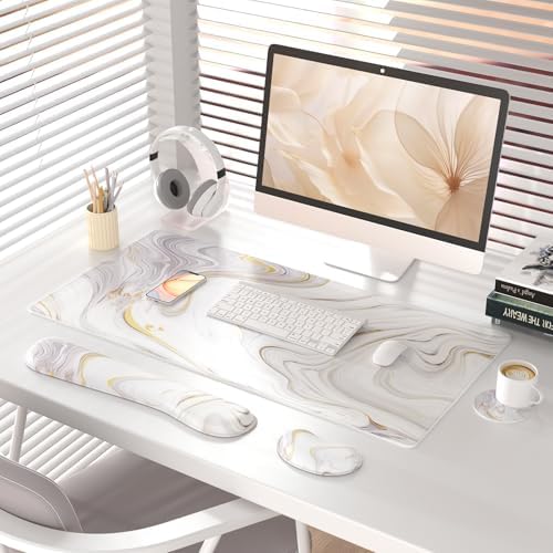 QiyI PU Leather Desk Mat Set, 4-in-1 Ergonomic Wrist Rest, White Marble