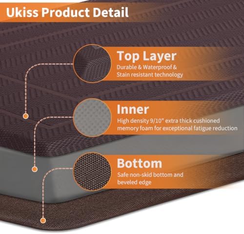 UKISS 9/10"" Extra Thick Cushioned Anti Fatigue Kitchen Mat, Waterproof High Density Foam Standing Desk Mat, Non-Slip Ergonomic Comfort Mat for Kitchen, Office,Workstation (Brown, 20" X 32")