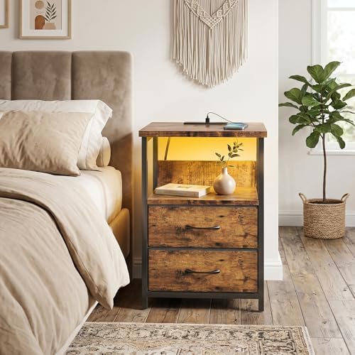 Fixwal Night Stand with Charging Station, Led Nightstand, 2 Fabric Drawers