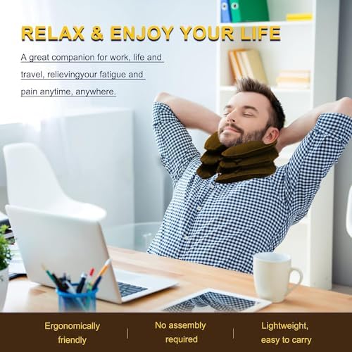 Cervical Neck Traction Device for Neck Pain Relief, Adjustable Inflatable Neck Stretcher Neck Brace, Neck Traction Pillow for Use Neck Decompression and Neck Tension Relief (Brown)