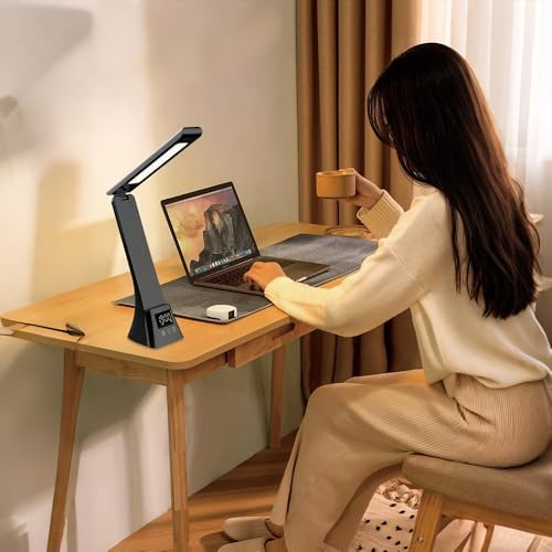 IHAO 3in1 Foldable Eye-Care Desk Lamp with 15W Wireless Charger & Digital Clock Touch Control, 3 Color Temperatures, Alarm, 180° Foldable, Phone Stand, Modern LED Table Lamp TYV-2088 Black