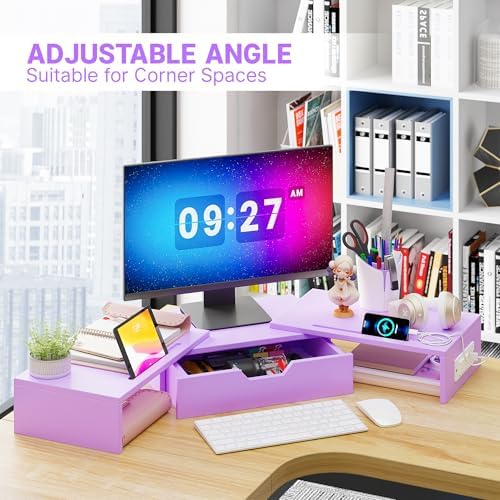 Dual Monitor Stand with USB Ports Wood Monitor Stand Riser with Drawer