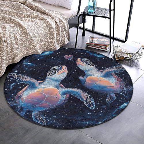 Machine Washable Modern Round Area Rug, Room Sofa Yoga Soft Round Carpet, Home Decor Non Slip Kitchen Office Circle Rug Trippy Space Sea Water Love Tortoise Turtle Art, 36inch