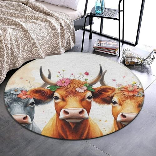 Large Home Decor Mat, Soft Round Yoga Carpet, Non Slip Machine Washable Kitchen Office Circle Rug Cute Highland Cow Family