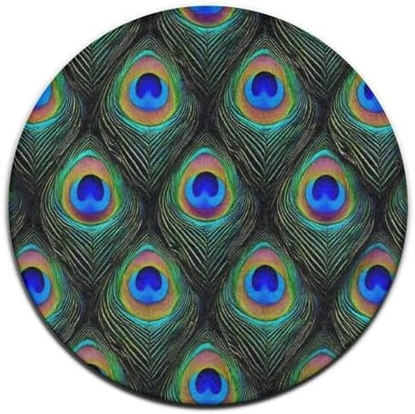 Soft Round Yoga Carpet, Large Home Decor Mat, Non Slip Machine Washable Kitchen Office Circle Rug Peacock Feathers