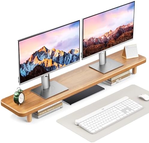 Dual Monitor Stand Riser, 39 Inch Extra Long Wooden Desktop Monitor Riser with Storage for 2 Monitors Ultra Strong Desk Shelf Organizer Riser Ergonomic for 2 Screens/Laptop/PC/TV/Printer (Light Walnut, 39inches)