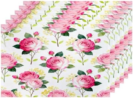 Shrahala Beautiful Rose Flower Set of 6 12 X 18 Inch Linen Placemats, Beautiful Flower Elegant Burlap Table Mat Washable Double Layered Heat Insulation for Indoor/Outdoor