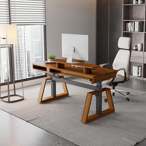 EUREKA ERGONOMIC 63" L-Shaped Standing Desk, Solid Walnut Top, Dual Drawers, Height Adjustable Executive Desk with Monitor Stand, Right, Walnut