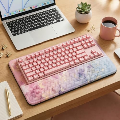 Ergonomic Keyboard Wrist Rest Pad, Thick Memory Foam with 7° & 13.3° Dual Angle Support, Pink Purple Marble Desk Decor for Office & Gaming, Honeycomb Massage Bumps for Carpal Tunnel Relief