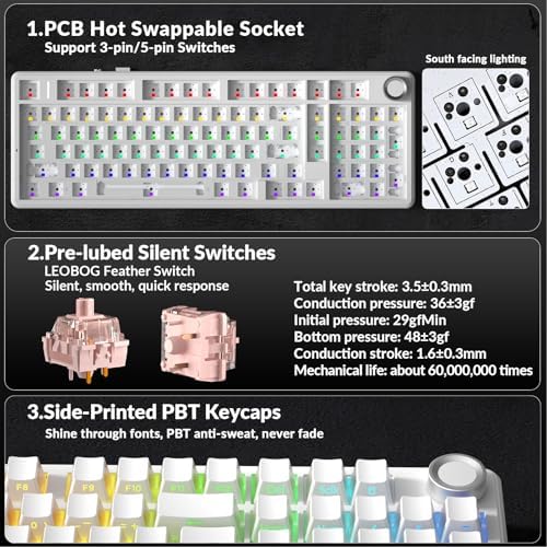 AULA F99 Pro Wireless Mechanical Keyboard-Silent Version,BT5.0/2.4GHz/USB-C Hot Swappable Custom Keyboard,Gasket Structure,Pre-lubed Linear Switches RGB Backlit Computer Gaming Keyboards,White