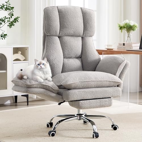 Big and Tall Office Chair with Flip Arms and Footrest, Teddy Criss Cross Legged Home Office Desk Chair with Pet Seat, Comfy Reclining Computer Gaming Chair, Grey
