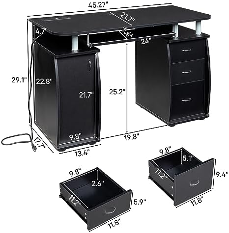 Karl home MDF Computer Desk with Strip Socket, Home Office Desk Writing Desk, Office Table with 3 Drawers and Storage Cabinet for Studio, Apartment, Coffee, Black