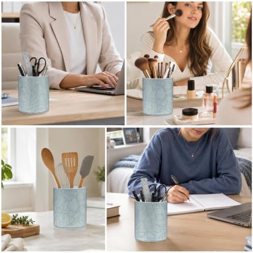 Round Leather Pen Holder for Desk, Desktop Organizer, (Carved Blue)