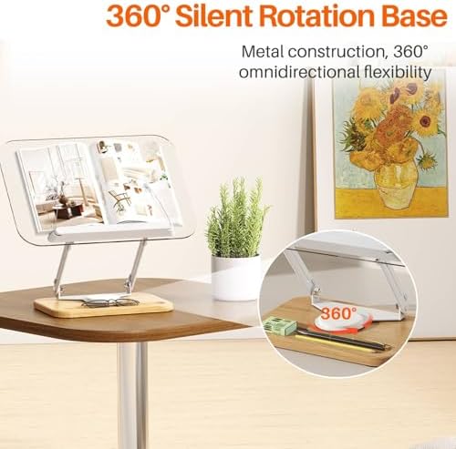 BYMECOST Acrylic Book Stand for Reading, 360°Rotating Book Holder, White