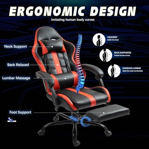 Gaming Chair with Ergonomic Footrest & Massage Lumbar Support, Red